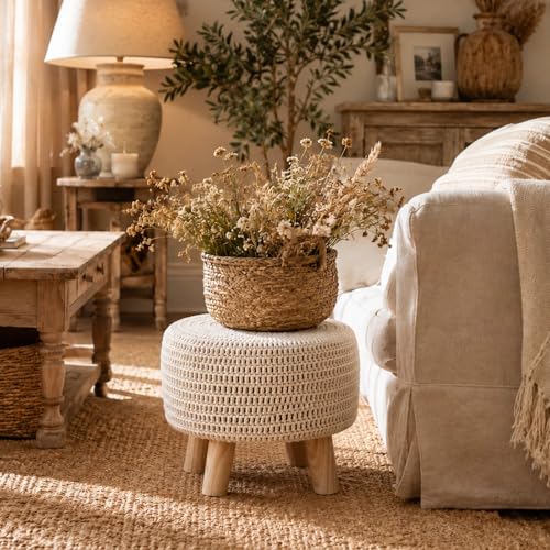 Beige 13-Inch Handmade Cotton Knitted Boho Ottoman with Wooden Legs
