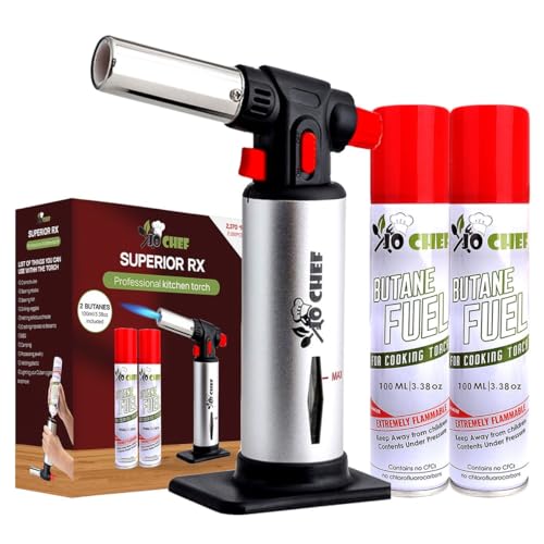 Jo Chef Refillable Kitchen Torch with 2 Butane Cans & Accessories - Silver/Black