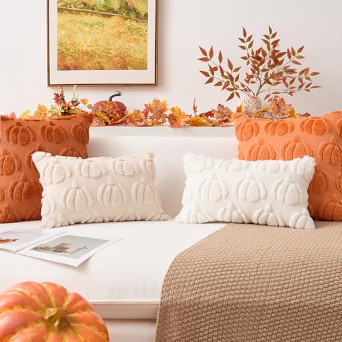 Kevin Textile Fall Pillow Covers 18x18 Inch Set of 2 Soft Pumpkins Decorative Square Pillowcases Plush Autumn Faux Fur Cushions Harvest Gift for Couch Sofa Chair Bedroom Home Decor, Orange