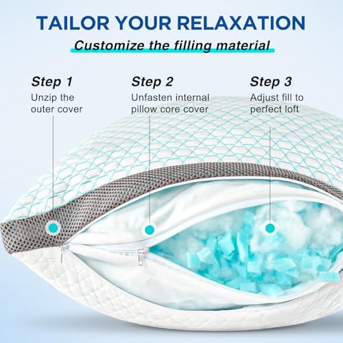 Grey King Size Cooling Pillows Set of 2 with Adjustable Support - Baskbed