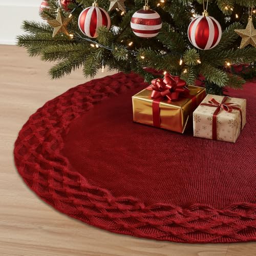 TOCHGREEN Red Knitted Christmas Tree Skirt 48 inches Chunky Knit