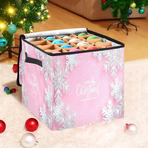 Pink Christmas Ornament Storage Box 64-Compartment 13x13x13 in with Dividers