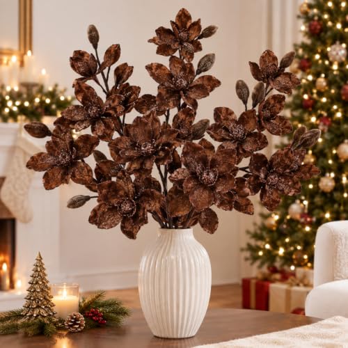 Brown Christmas Velvet Magnolia Flowers Picks 33 Inch Set of 3