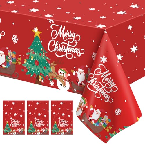 Leislam 3 Pack Red & White Disposable Plastic Christmas Tablecloths 54x108 Inch