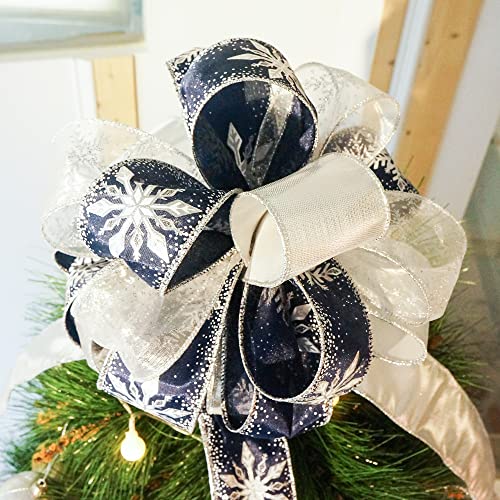 CT Craft 11" Blue Snowflake Christmas Tree Topper Bow with 4 Streamers, 3 Yards Each - Sibling Variation Blue Snowflake / 11" x 1