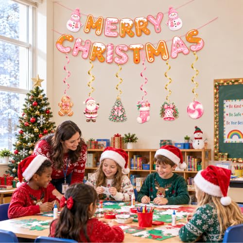 CANVVICH Merry Christmas Banner Garland with Hanging Swirls - Pre-Strung Holiday Decor