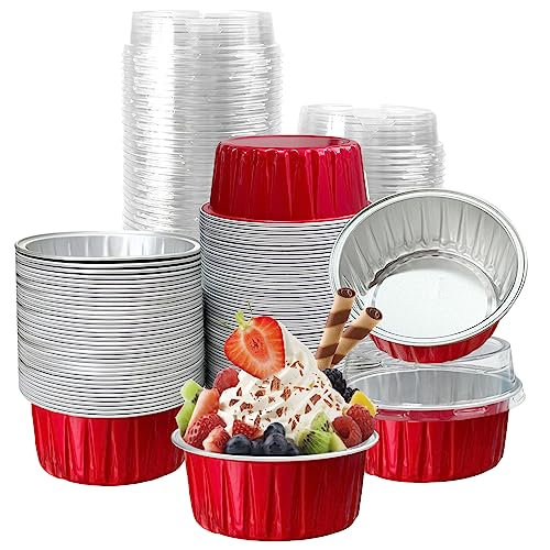 Augoog 100Pcs 5oz Aluminum Cupcake Cups with Lids - Red Bakeware Muffin Liners for Party Catering
