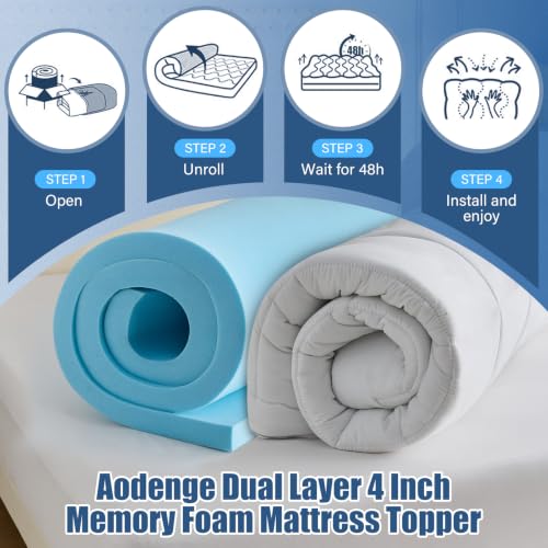 Aodenge White 4 Inch Dual Layer Queen Mattress Topper with Cooling Gel Memory Foam & Pillow Top, Deep Pocket