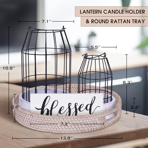 Rustic Farmhouse Decor Set of 7 with Lanterns Candles and Rattan Tray