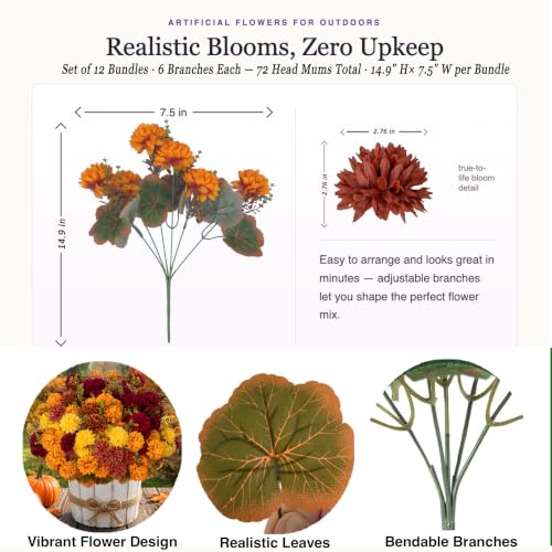 Artificial Fall Mums Flowers Bundle - 15 Inch, Multi-Orange Yellow Burgundy Brown, Outdoor Decor