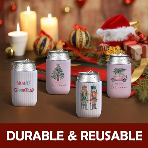SJDFCSA Christmas Nutcracker Reusable Neoprene Can Cooler Sleeve - Pink Merry Christmas Theme, 4 Pack