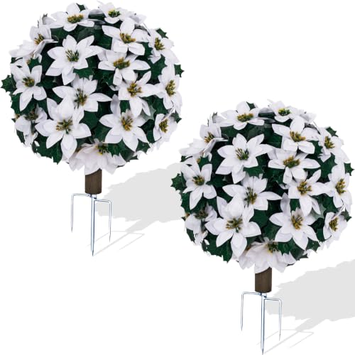 TIMBERHIDE 2Pcs White Poinsettia Topiary Christmas Tree 21"- Outdoor Decor