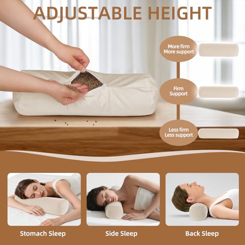 17x6in Adjustable Buckwheat Neck Pillow - Cervical Support Roll for Neck Pain