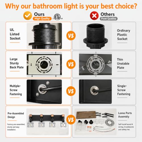 Vivihobb Farmhouse Bathroom Light Fixtures 5-Light Black Wood Vanity Over Mirror