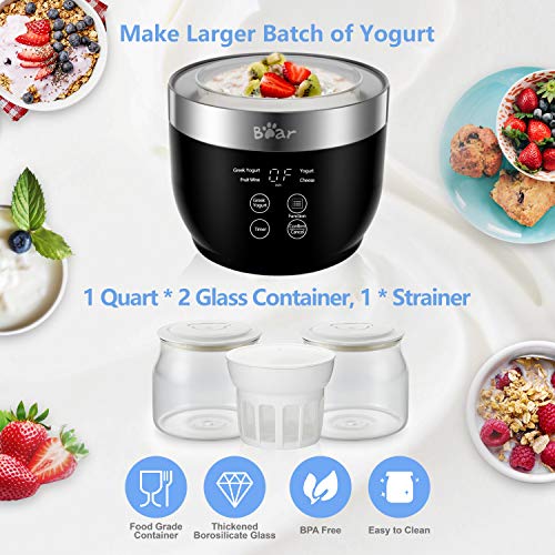 Bear Yogurt Maker with Strainer & Timer Control - 2 x 33.8 oz Capacity, Stainless Steel