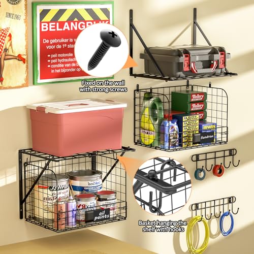 Heavy Duty Garage Wall Shelves with Wire Baskets - Metal Variation