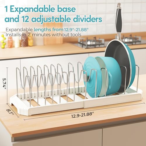 White Expandable Pan Organizer with 12 Adjustable Dividers - Inside Cabinet Storage