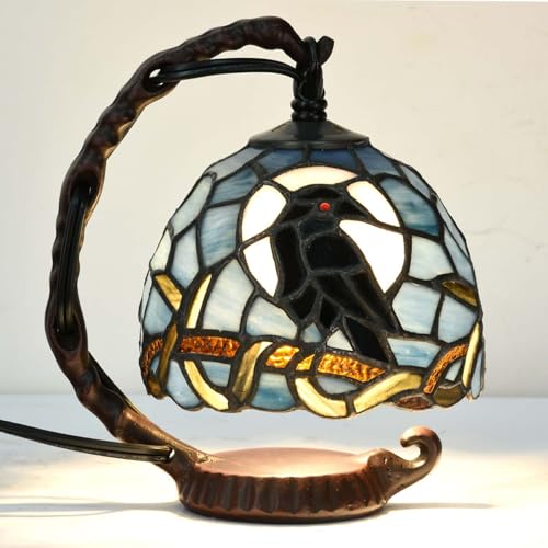 Dark Blue Tiffany Style Raven Mini Table Lamp - 7x5.5x8 Inches