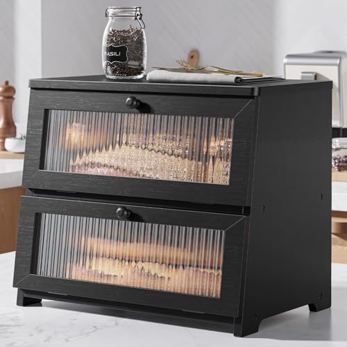 Kitsure Wooden Bread Box with 2-Tier Black Countertop Storage