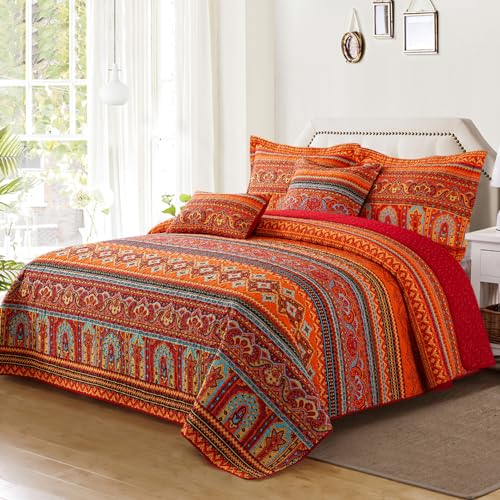 California King Size Quilted Bedding Set with Striped Red-Orange Design - 100% Cotton Face