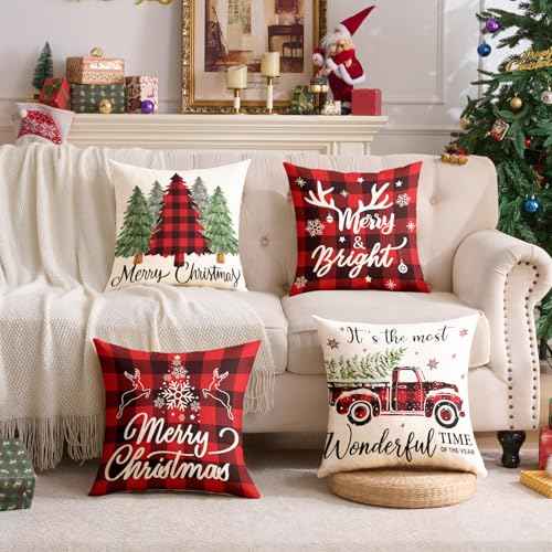 Buffalo Plaid Christmas Pillow Covers 18x18 Red Black Green Set of 4 Farmhouse Christmas Decorations Throw Pillow Covers Winter Holiday Linen Cushion Case for Home Sofa Couch Bed Chair