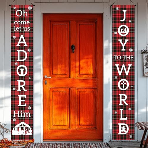 BlissYard Joy To The World Holiday Door Banner - Red & Black Plaid, Snowflake Pattern, Vertical 71x12 Inch - Variation Joy 1