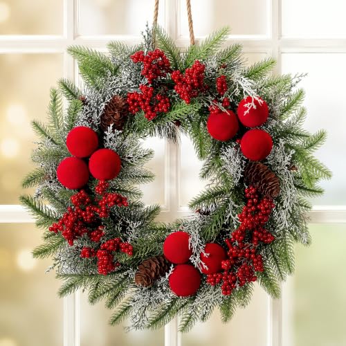 Wavyknot 20inch Christmas Wreath for Front Door - Luxury Pine, Burgundy Velvet Balls & Cedar