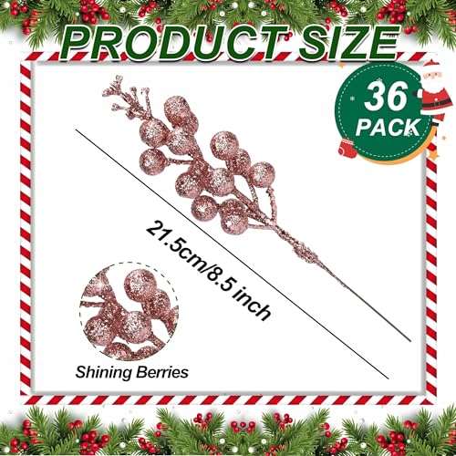 Palonu 36 Pcs Christmas Glitter Berries Stems,8.5 Inch Artificial Christmas Picks for Christmas Tree Ornaments for DIY Xmas Wreath Crafts Gifts Holiday Home Decor (Rose Gold)