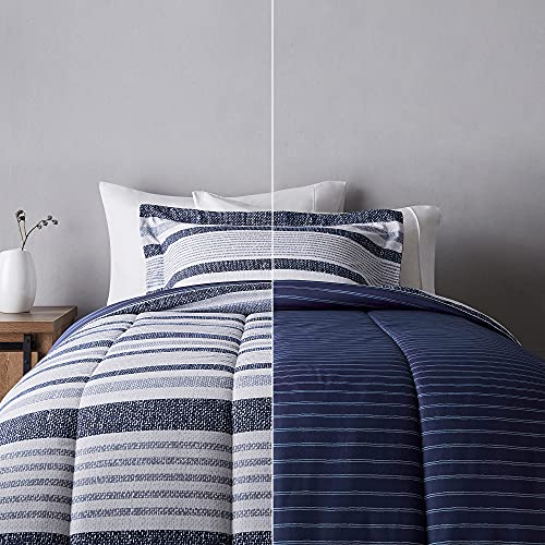 Twin/Twin XL Reversible Microfiber Comforter Set - Blue Denim & Beige Stripes