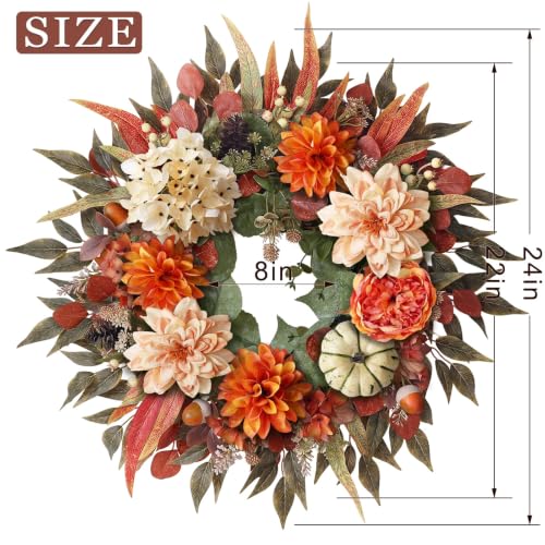 24 Inch Artificial Silk Hydrangea Fall Wreath for Front Door Decor