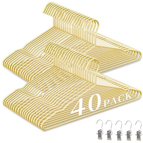40-Pack Gold Heavy-Duty Metal Hangers with 5 Clips - Space-Saving Slim Design