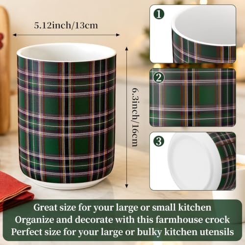 Qinyoung Christmas Utensil Crock with Tartan Plaid Design - Green Ceramic Kitchen Organizer