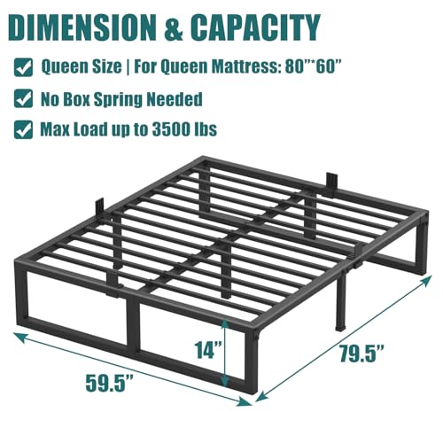 Queen Bed Frame 14 Inch Heavy Duty Metal Platform Steel Slats Noise-Free Support