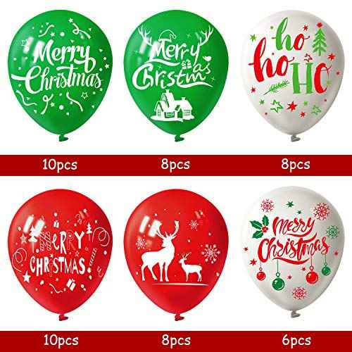 FEPITO 50Pcs Christmas Party Balloon 12 Inch White Red and Green Latex Balloons, 6 Merry Xmas Style for Decoration Party Supplies