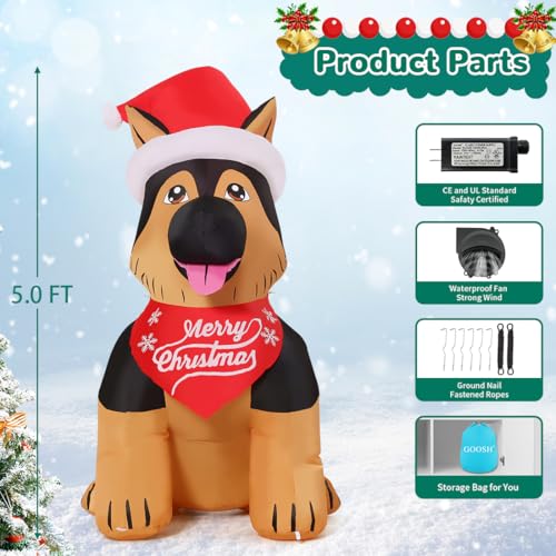 GOOSH 5 ft Christmas Inflatable German Shepherd with Santa Hat – LED Outdoor Yard Decor