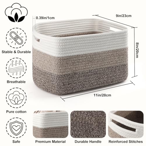 KIUGCO White & Khaki 4 Pack Cotton Rope Storage Baskets, 13x11x8 Inches