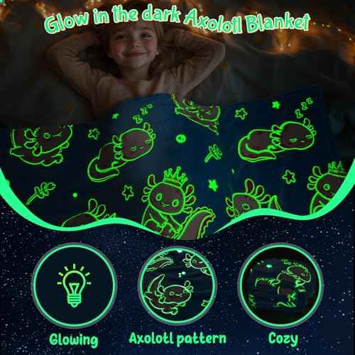 Axolotl Glow in The Dark Throw Blanket - 60"x50" Soft Glowing Kids Blanket for 3-10 Year Old Boys Girls, Gift for Birthday Christmas