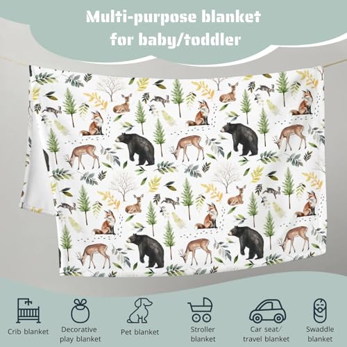 HawSkgFub Forest Animals Baby Blanket Boys Shower Gift, Bear Fox Deer Pine Tree Flannel Fleece Nursery Bed Receiving Swaddle, Soft Lightweight Newborn Infant Toddler Crib Bedding 30 x 40