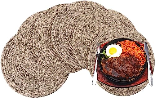WENFOME 6 Pack Round Woven Cotton Placemat Set - Mixed Brown, 13.8 Inch Charger Plates for Dining & Decor
