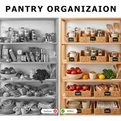Natural Water Hyacinth Pantry Storage Baskets - 3 Pack with Handles & Chalkboard Labels