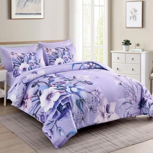 Queen Size Lavender Floral Comforter Set - 7 Piece Microfiber Bedding, All Season