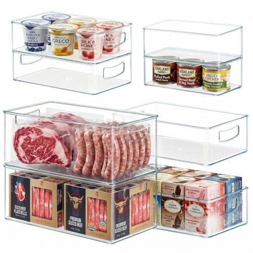 8 Pack Clear Freezer Organizer Bins with Handles - Stackable Food Storage Containers