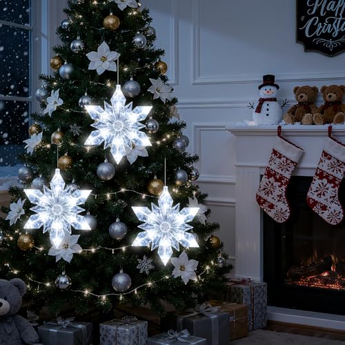 3Pack Christmas Window Lights Decorations with Timer,Battery Powered Christmas Hanging White Lighted Snowflake Shaped LED Sucker for 2026 Xmas Tree Fireplace Indoor Decor
