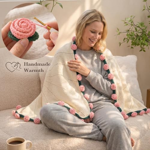 FantasDeck Pink Rose Bouquet Blanket Gift Set for Women - Get Well, Self Care & Birthday Gift
