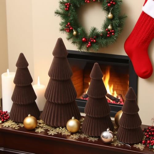 Lanpn 4 Pcs 6" 8" 10" Christmas Velvet Tree Figurine Decoration, Xmas