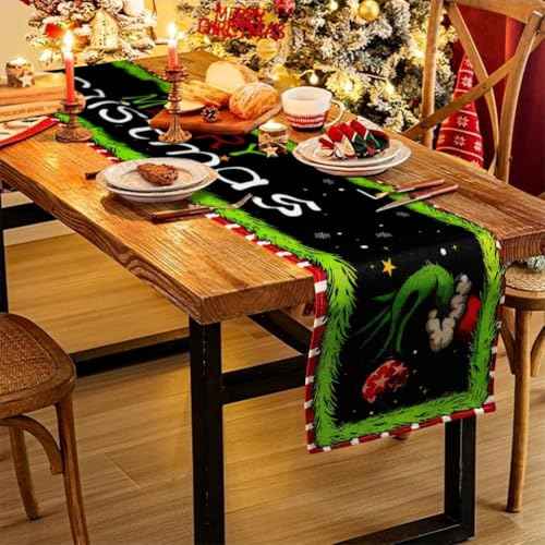Linen Merry Christmas Table Runner, 13 x 73 in Grinch Tablecloth Xmas Winter Holiday Home Kitchen Dining Room Table Decorations (Black)