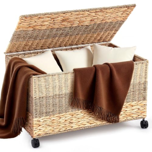 Large Tricolor Wicker Storage Trunk Basket with Wheels - 42.3 Gallon / 160L