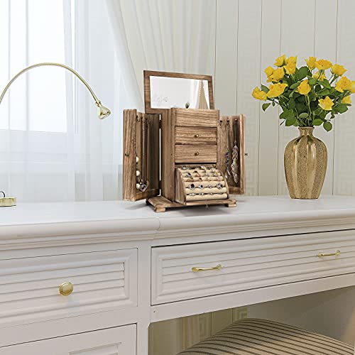 Rustic Brown Jewelry Box for Women, 4-Layer Wooden Organizer with Mirror