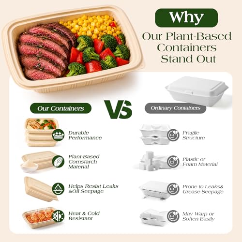 28 oz Meal Prep Containers with Lids - 50 Pack Plant-Based Food Storage Bins