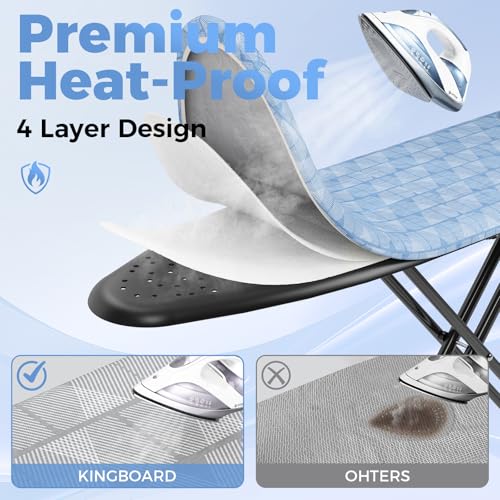 KINGBOARD Ironing Board with Silicone Iron Mat - Blue, 13x43 Inch, Adjustable Height